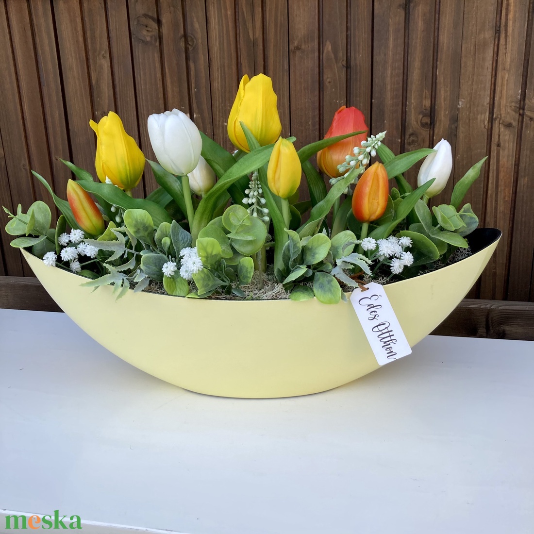 Tulipános asztaldísz 40 cm  - otthon & életmód - virágdekoráció - virágdíszek - virágdísz kaspóban - Meska.hu