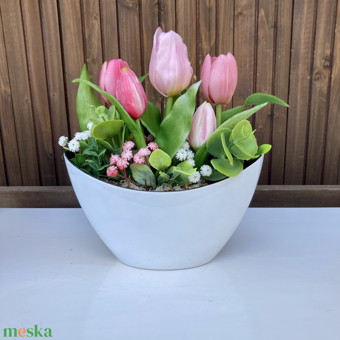 Tulipános asztaldísz 25 cm  - otthon & életmód - virágdekoráció - virágdíszek - virágdísz kaspóban - Meska.hu
