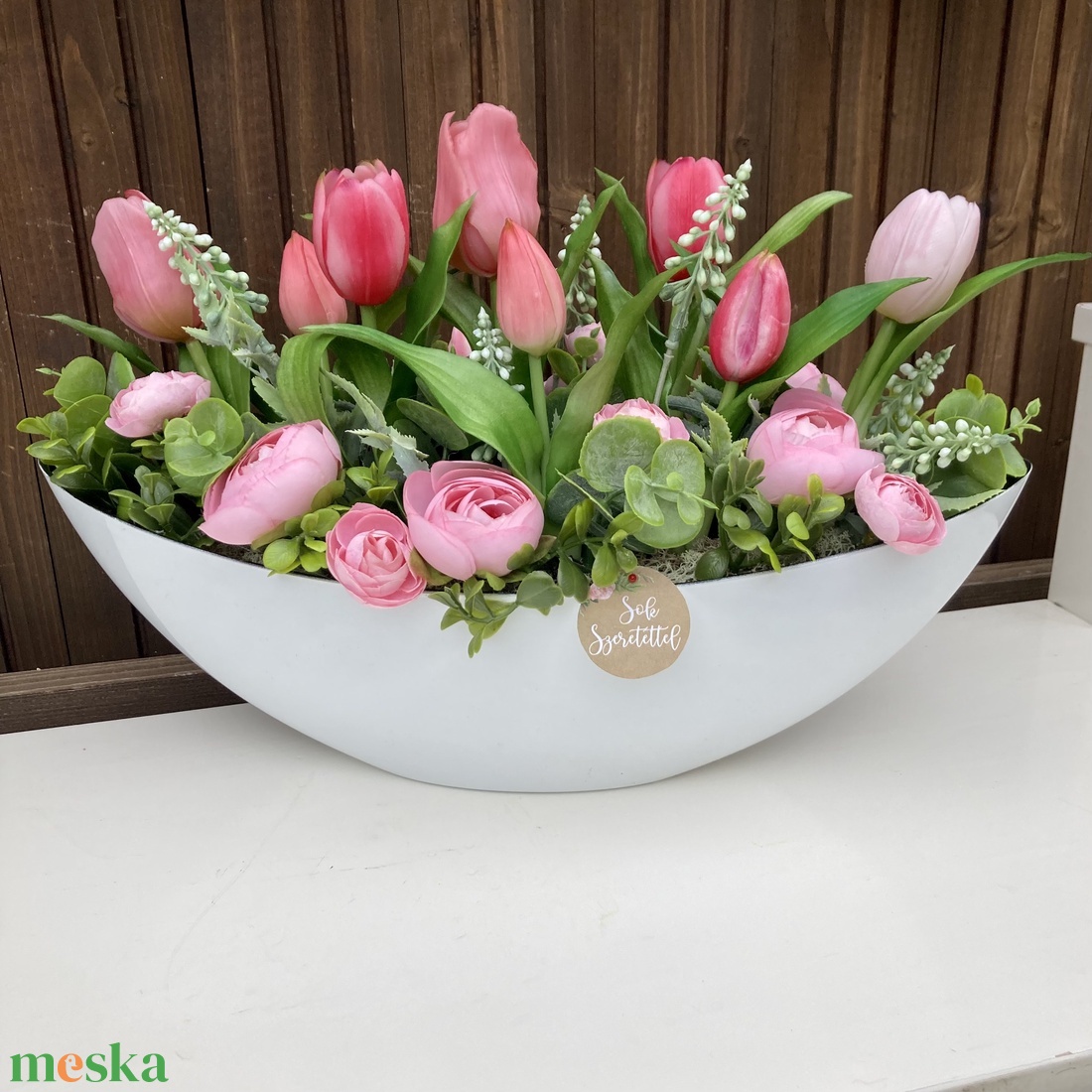 Tulipános asztaldísz 40 cm  - otthon & életmód - virágdekoráció - virágdíszek - virágdísz kaspóban - Meska.hu