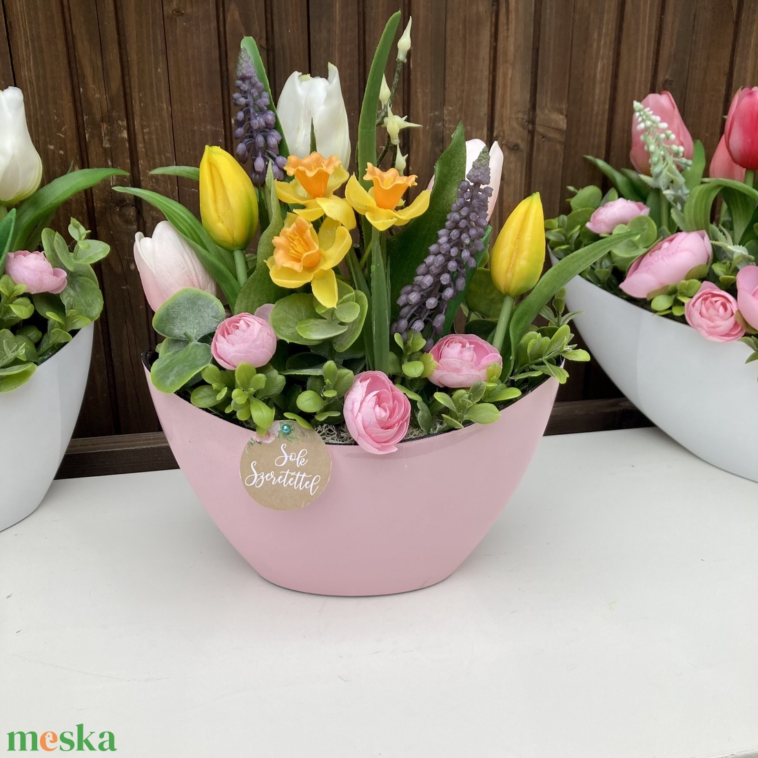 Tulipános asztaldísz 20 cm  - otthon & életmód - virágdekoráció - virágdíszek - virágdísz kaspóban - Meska.hu