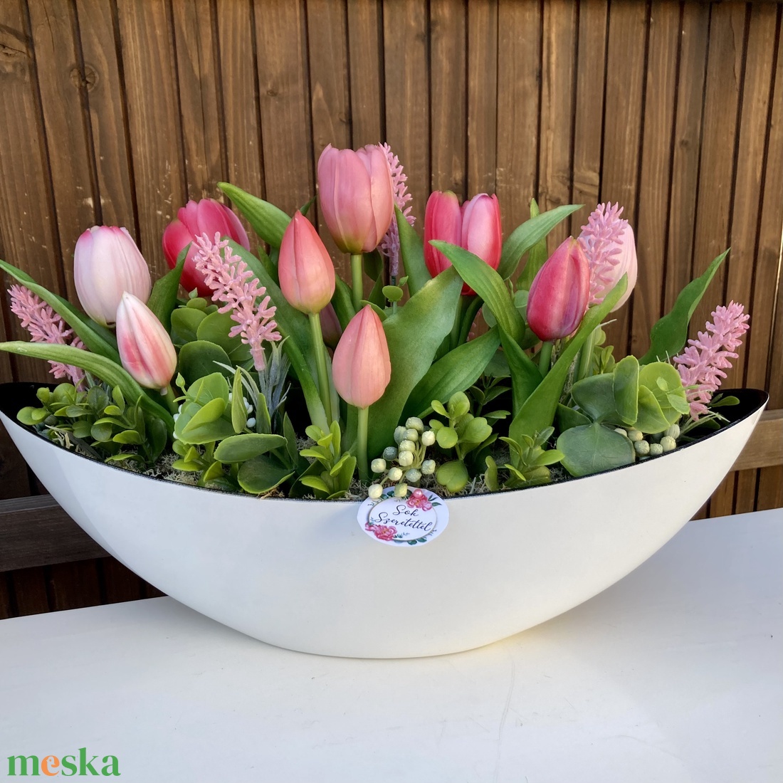 Tulipános asztaldísz 40 cm  - otthon & életmód - virágdekoráció - virágdíszek - virágdísz kaspóban - Meska.hu