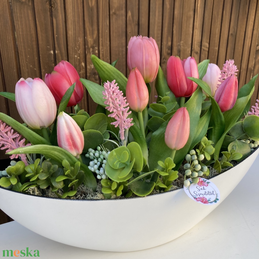 Tulipános asztaldísz 40 cm  - otthon & életmód - virágdekoráció - virágdíszek - virágdísz kaspóban - Meska.hu