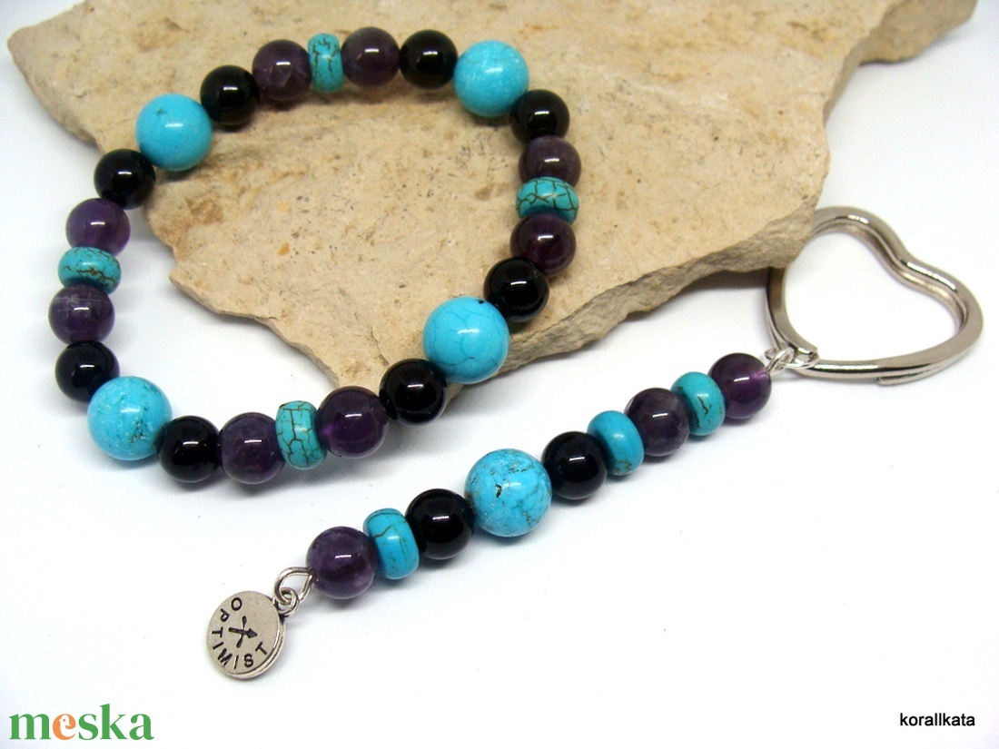 Ásvány karkötő nyilas jegyű hölgyeknek+ horoszkópos kulcstartó, türkinit, ametiszt, achát - ékszer - karkötő - gyöngyös karkötő - Meska.hu