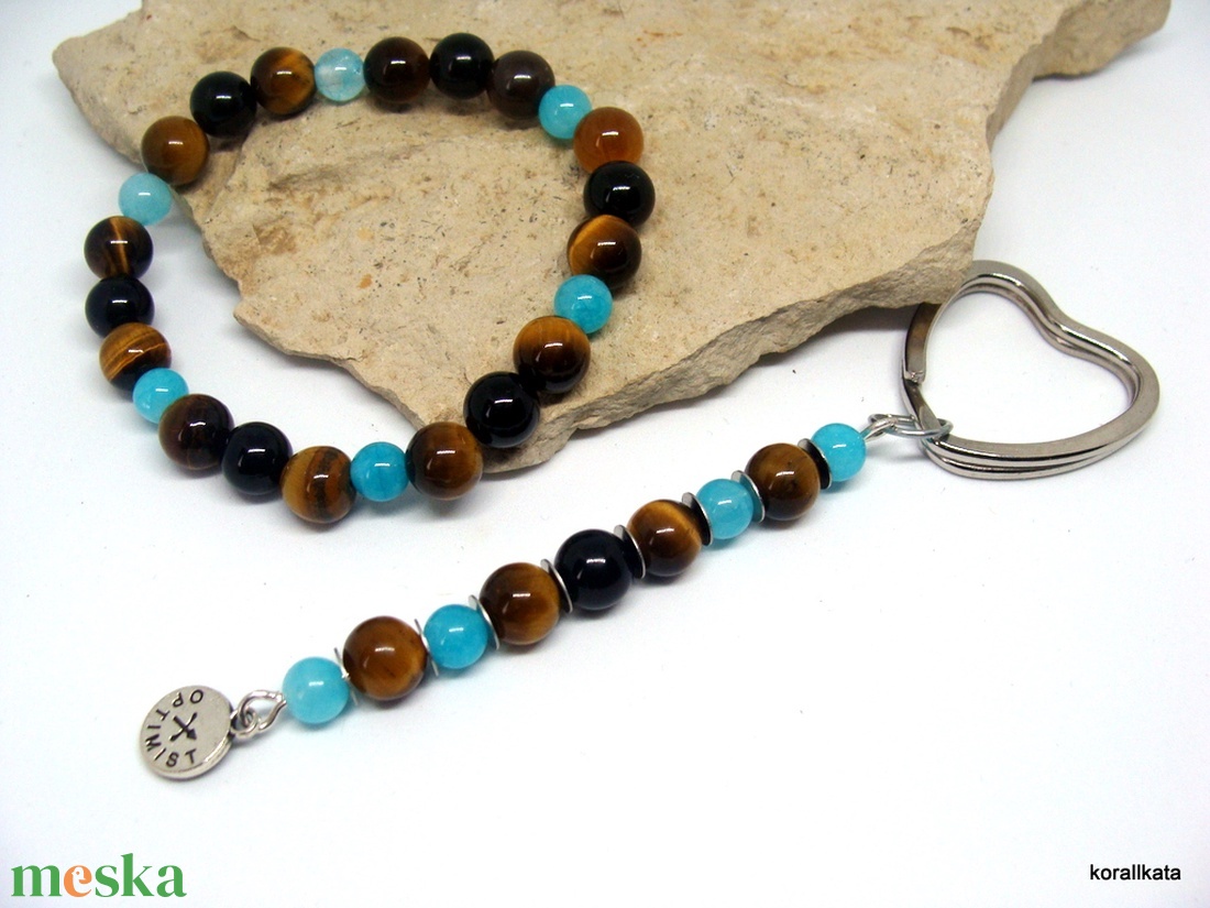Ásvány karkötő nyilas jegyű hölgyeknek+ horoszkópos kulcstartó amazonit, tigrisszem, achát - ékszer - karkötő - gyöngyös karkötő - Meska.hu