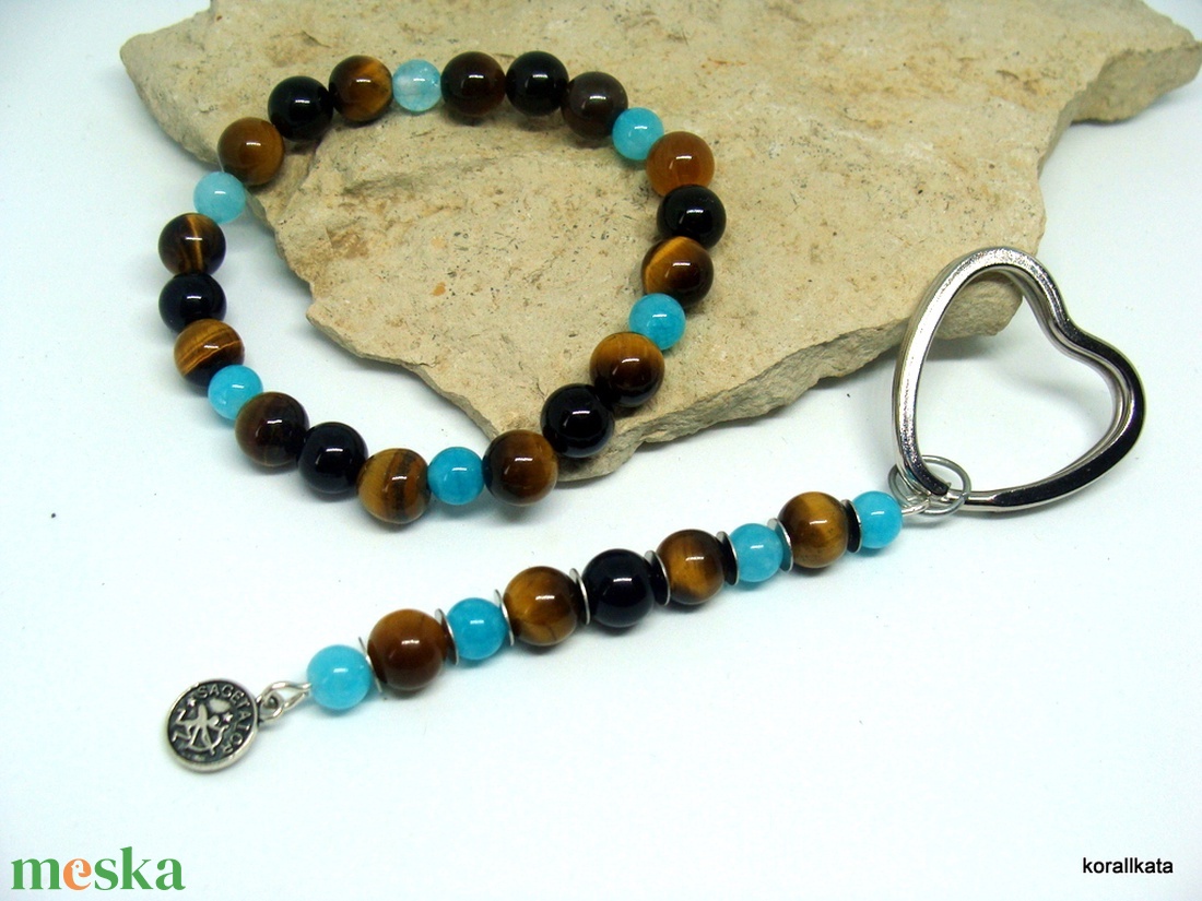 Ásvány karkötő nyilas jegyű hölgyeknek+ horoszkópos kulcstartó amazonit, tigrisszem, achát - ékszer - karkötő - gyöngyös karkötő - Meska.hu