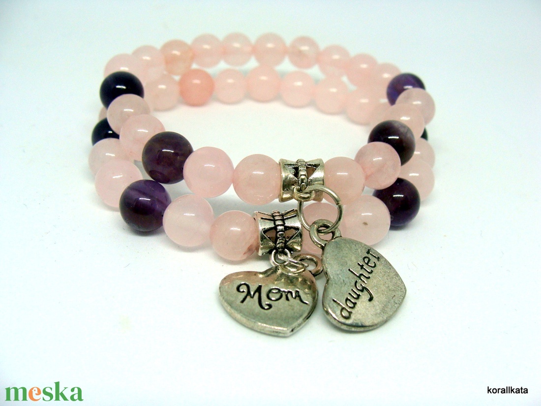Anya-lánya rózsakvarc és ametiszt páros karkötő  - ékszer - karkötő - charm karkötő - Meska.hu
