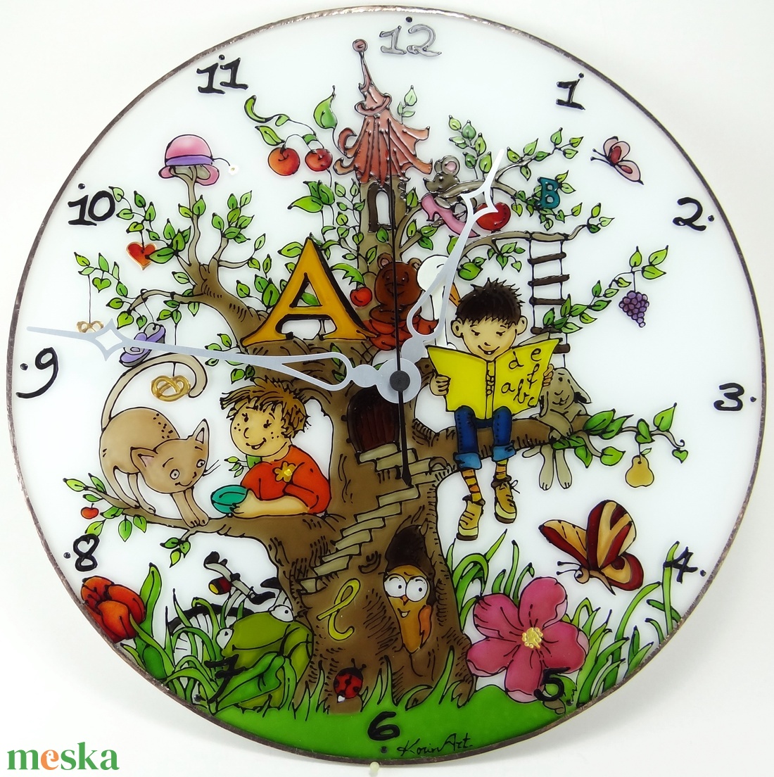 Mesés fa falióra - üvegre festett óra - otthon & életmód - dekoráció - fali és függő dekoráció - falióra & óra - Meska.hu