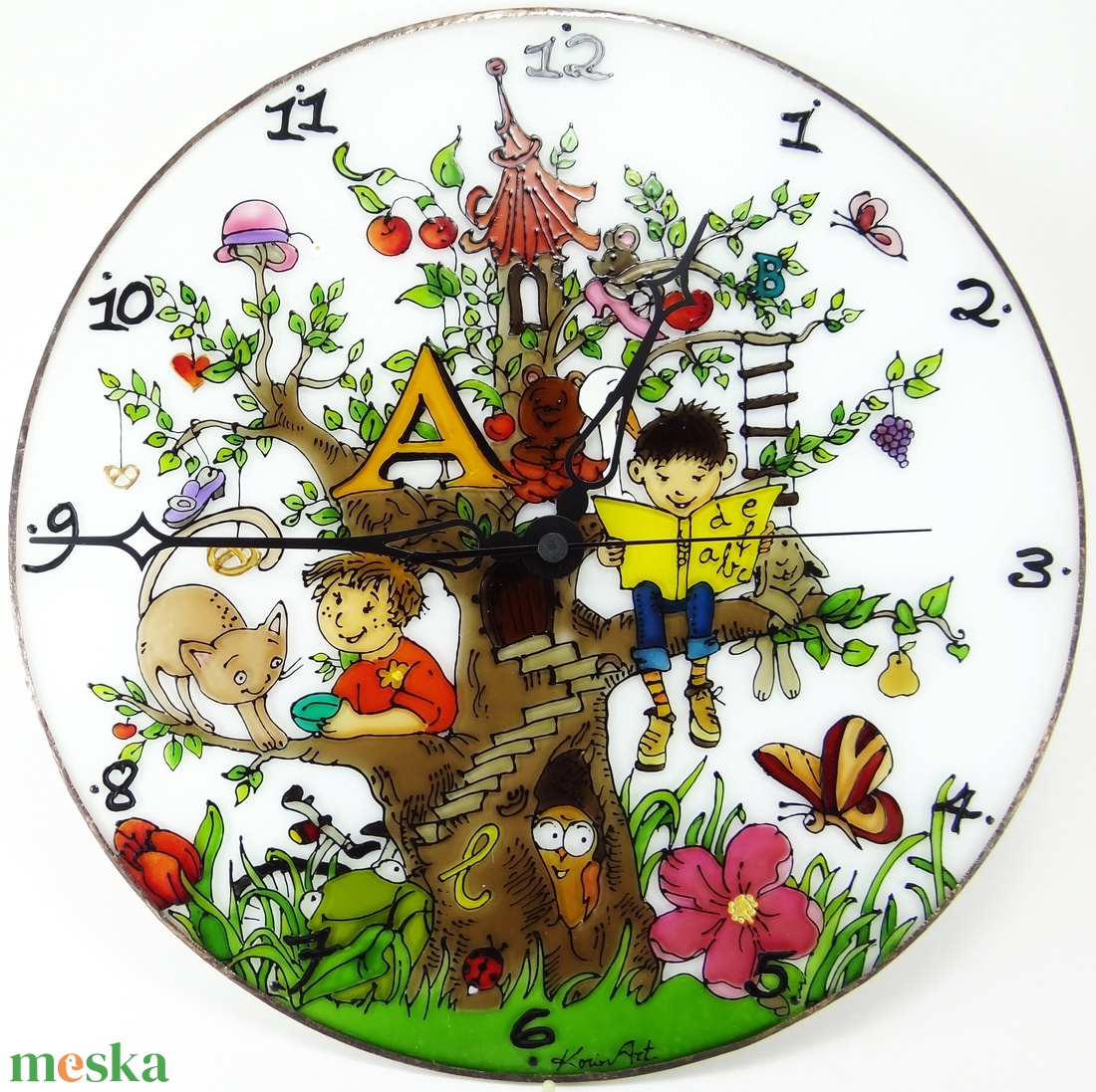 Mesés fa falióra - üvegre festett óra - otthon & életmód - dekoráció - fali és függő dekoráció - falióra & óra - Meska.hu