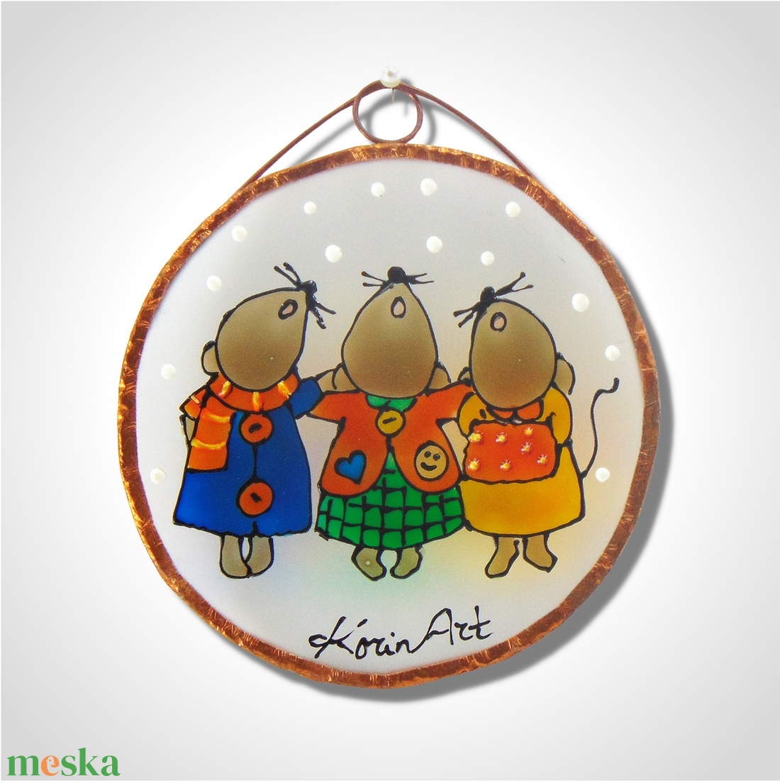 Egérkék hóesésben - Üvegfestmény, karácsonyfadísz vagy hűtőmágnes, mágnes - karácsony - karácsonyi lakásdekoráció - karácsonyfadíszek - Meska.hu