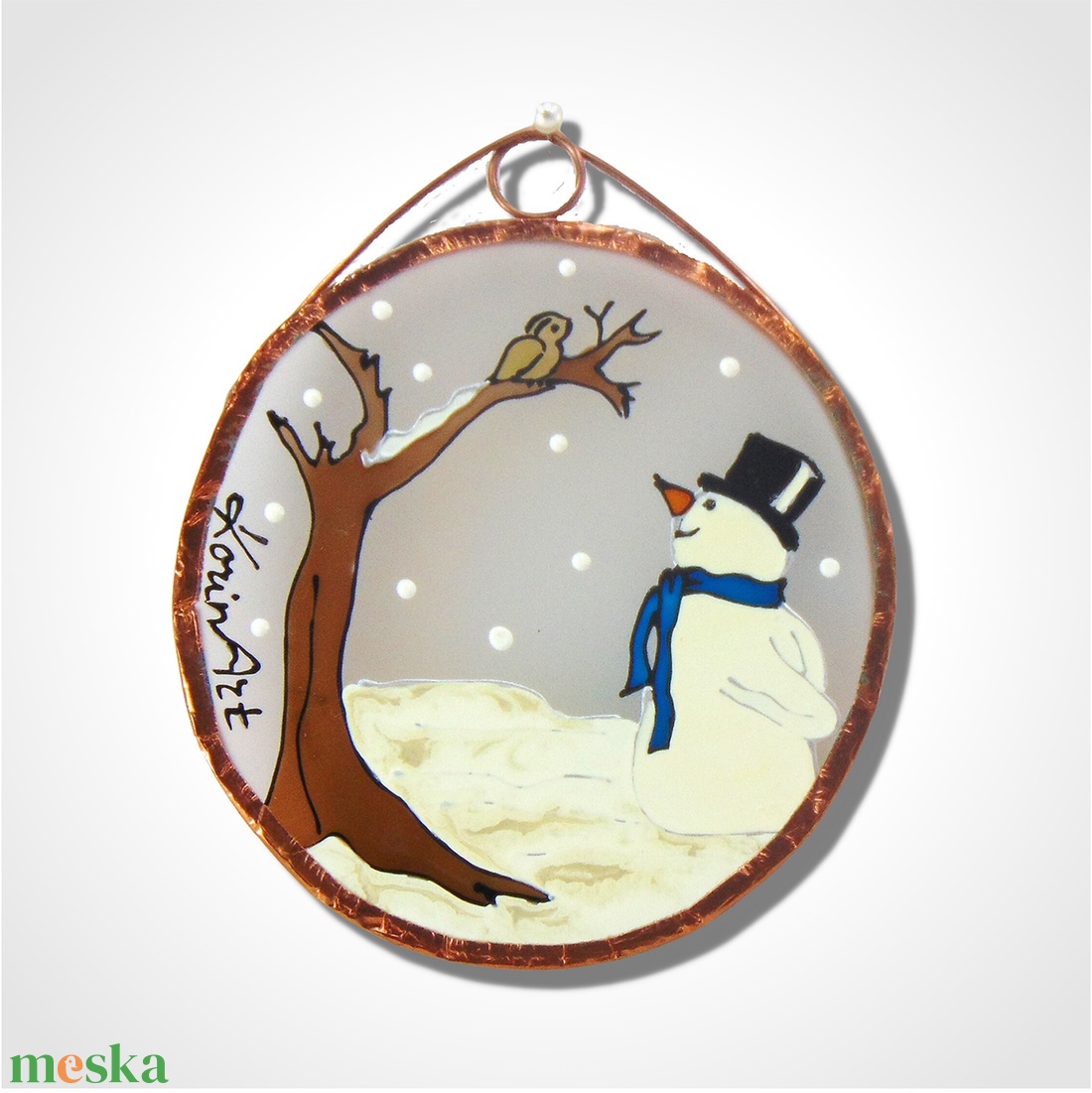 Hóember madárkával - Üvegfestmény, Karácsonyfadísz vagy hűtőmágnes, mágnes - karácsony - karácsonyi lakásdekoráció - karácsonyfadíszek - Meska.hu