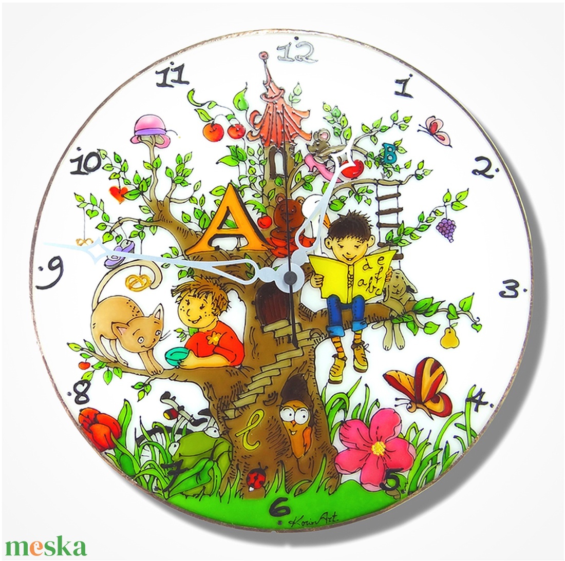 Mesés fa falióra - üvegre festett óra - otthon & életmód - dekoráció - fali és függő dekoráció - falióra & óra - Meska.hu