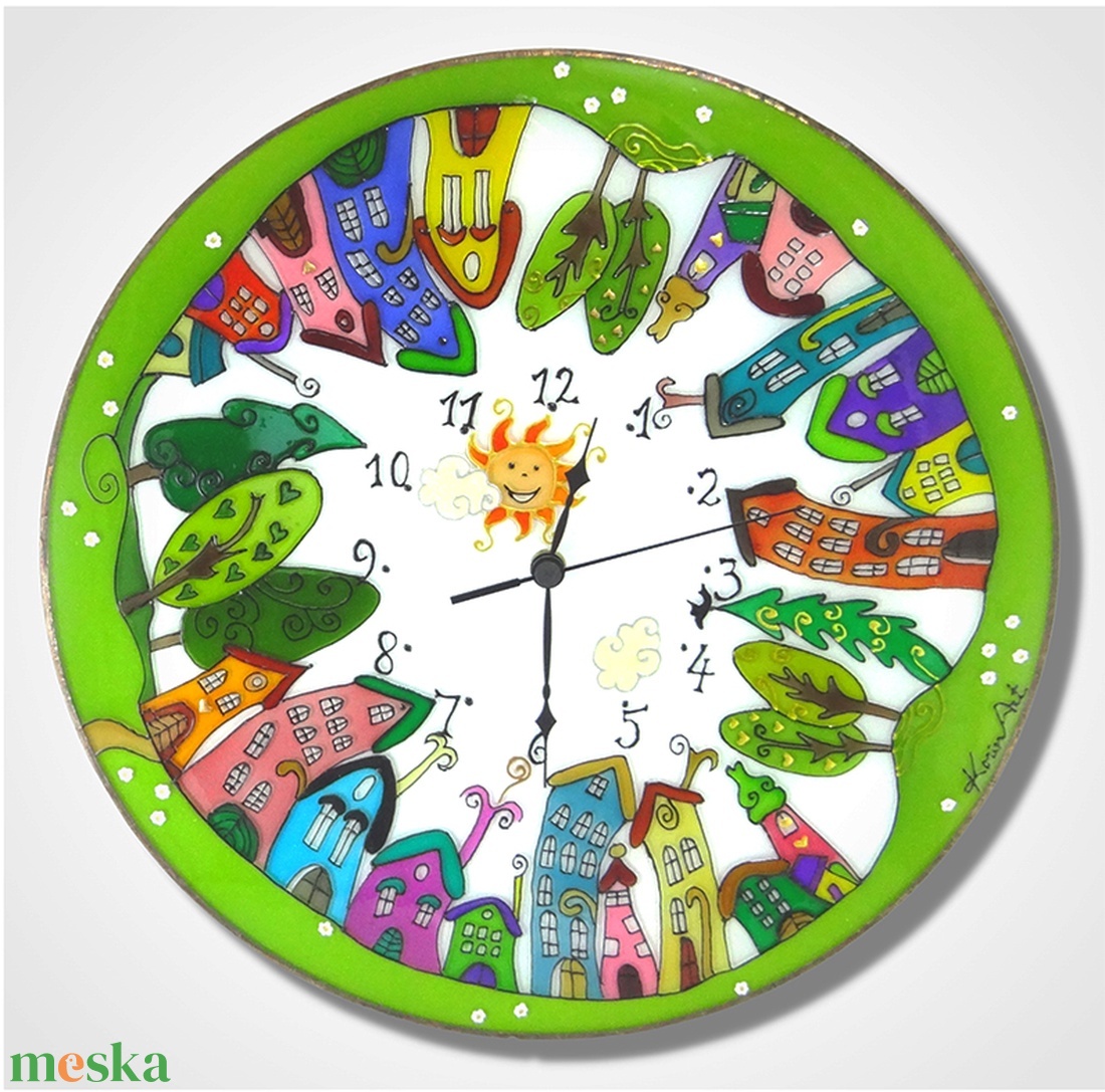 Részeg házak falióra - üvegre festett óra - otthon & életmód - dekoráció - fali és függő dekoráció - falióra & óra - Meska.hu