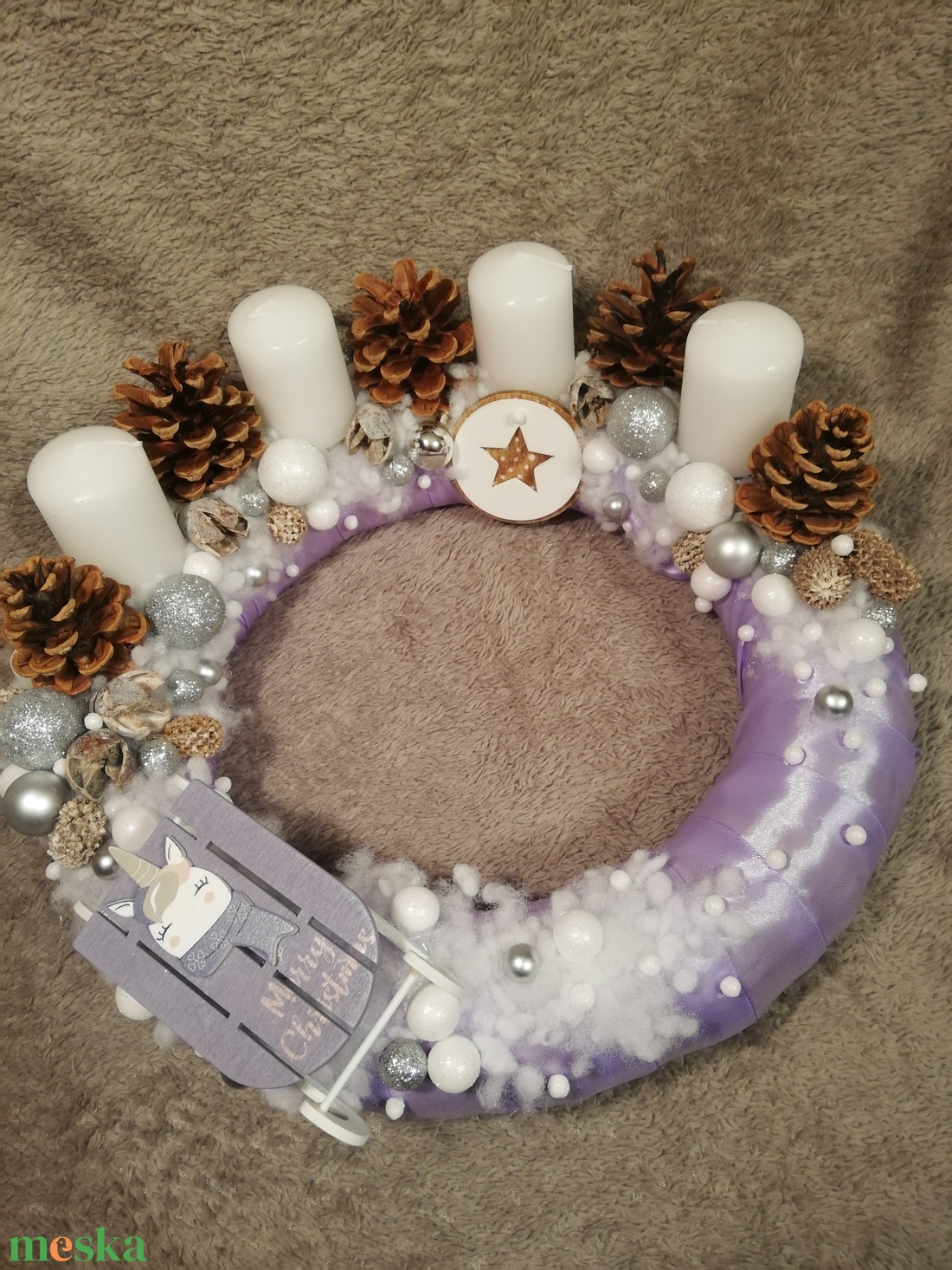 Lila unikornisos adventi szett ledfénnyel - karácsony - adventi díszek - adventi koszorú - Meska.hu