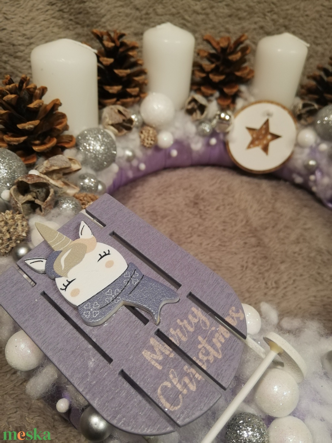 Lila unikornisos adventi szett ledfénnyel - karácsony - adventi díszek - adventi koszorú - Meska.hu