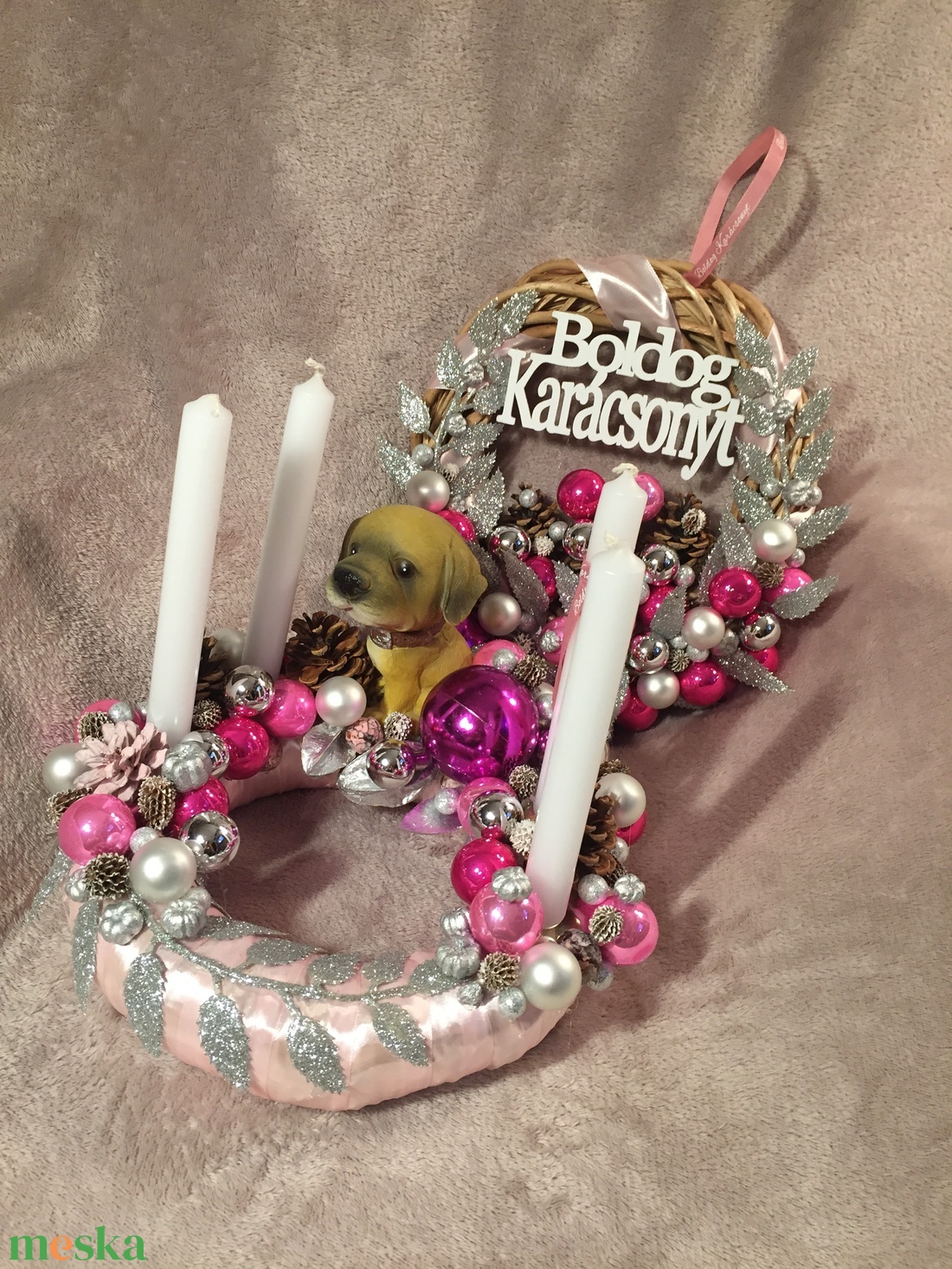 Rózsaszín kutyás adventi szett - karácsony - adventi díszek - adventi koszorú - Meska.hu