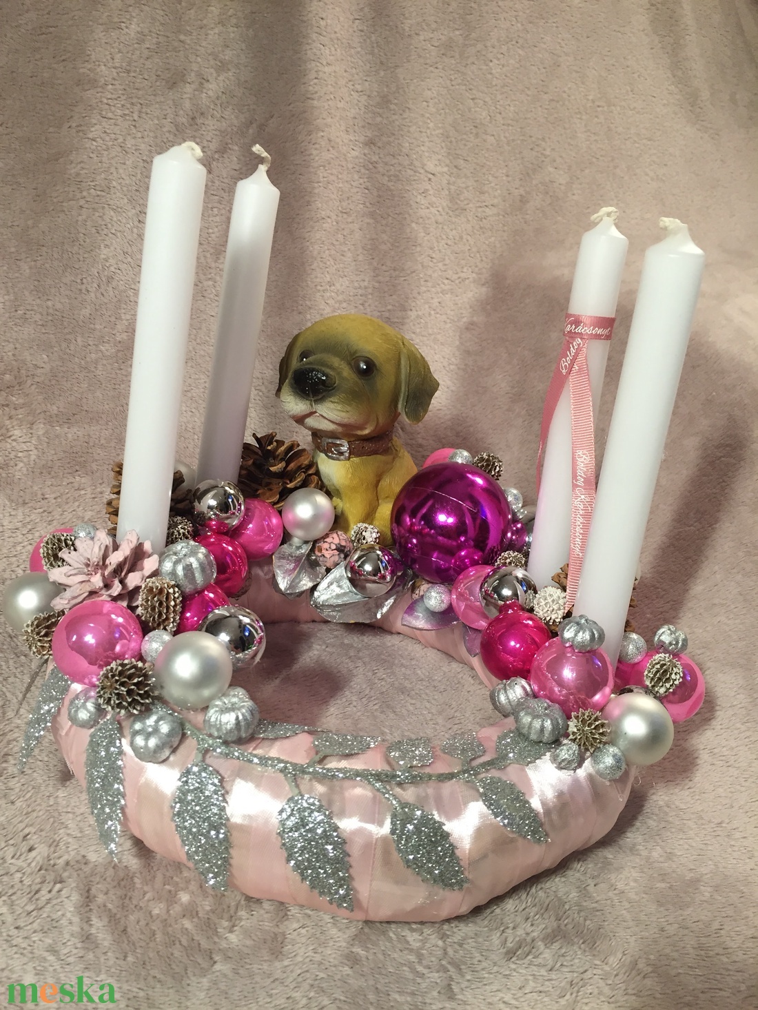 Rózsaszín kutyás adventi szett - karácsony - adventi díszek - adventi koszorú - Meska.hu