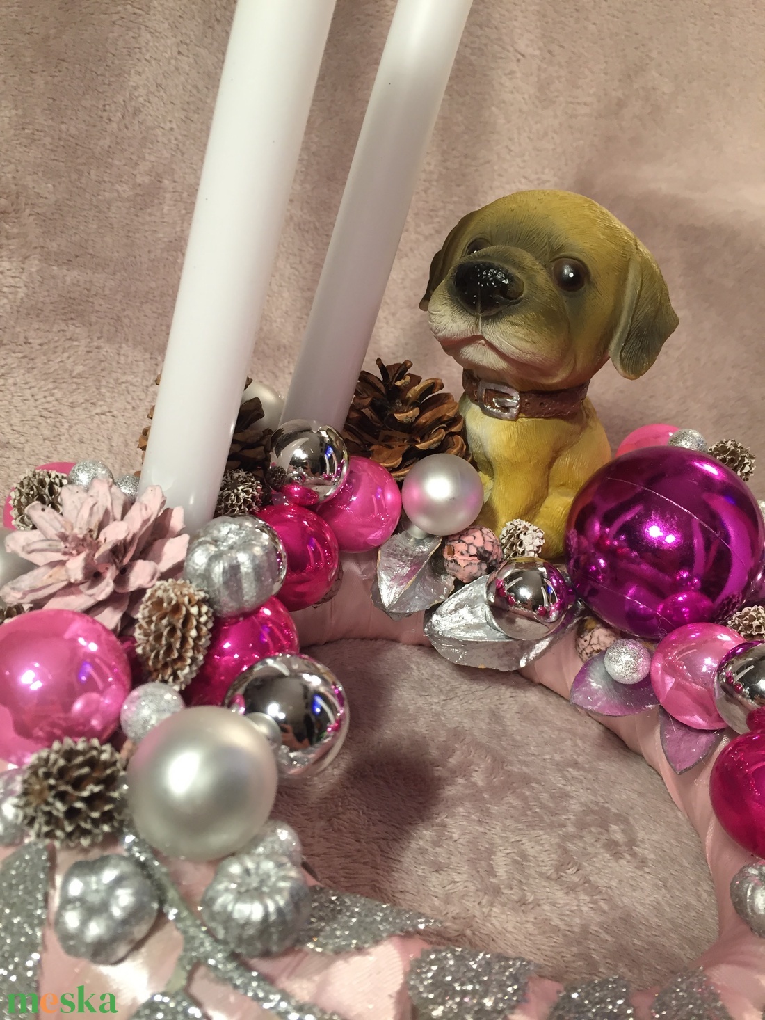 Rózsaszín kutyás adventi szett - karácsony - adventi díszek - adventi koszorú - Meska.hu