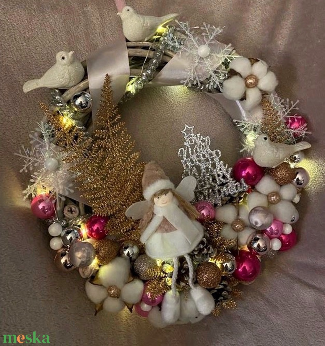 Angyalkás ledes ajtódísz - karácsony - adventi díszek - adventi ajtódísz - Meska.hu