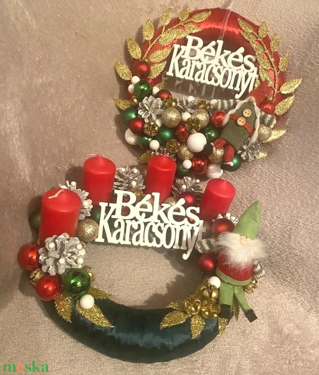 Piros-zöld manós adventi szett - karácsony - adventi díszek - adventi koszorú - Meska.hu