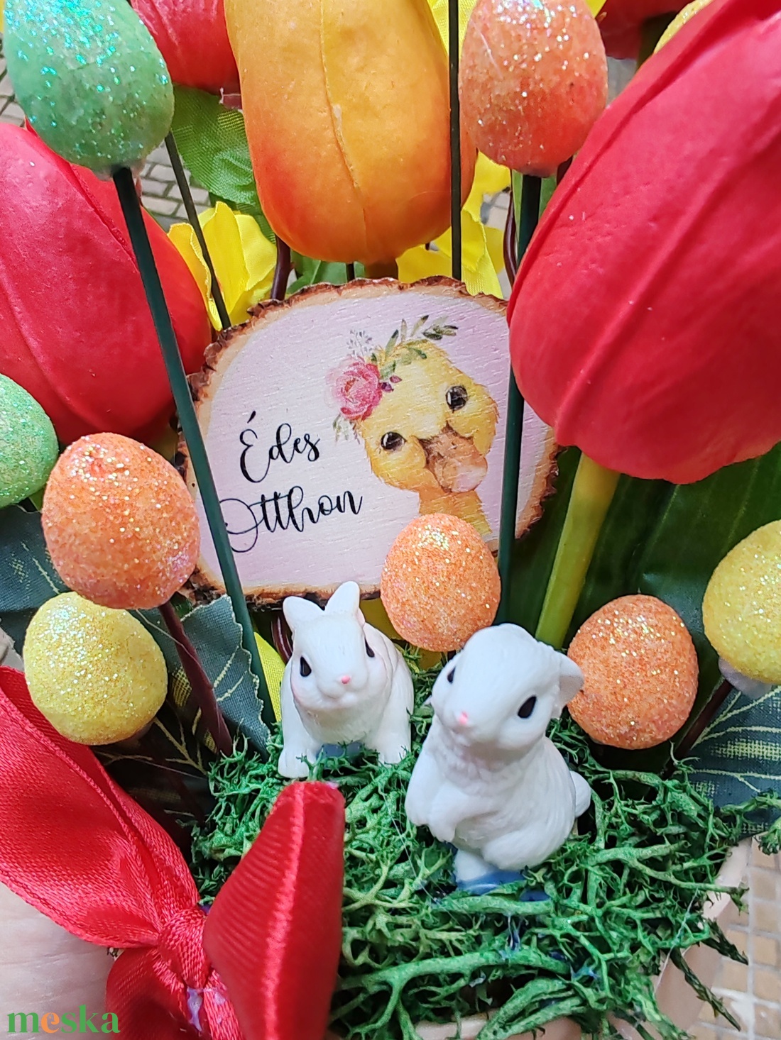 Nyuszis tulipános húsvéti asztaldísz - ünnepi díszek, dekorációk - húsvéti díszek és dekorációk - húsvéti asztaldíszek - Meska.hu