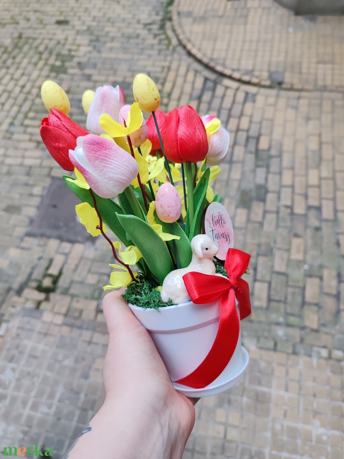 Bárányos tulipános húsvéti asztaldísz - ünnepi díszek, dekorációk - húsvéti díszek és dekorációk - húsvéti asztaldíszek - Meska.hu
