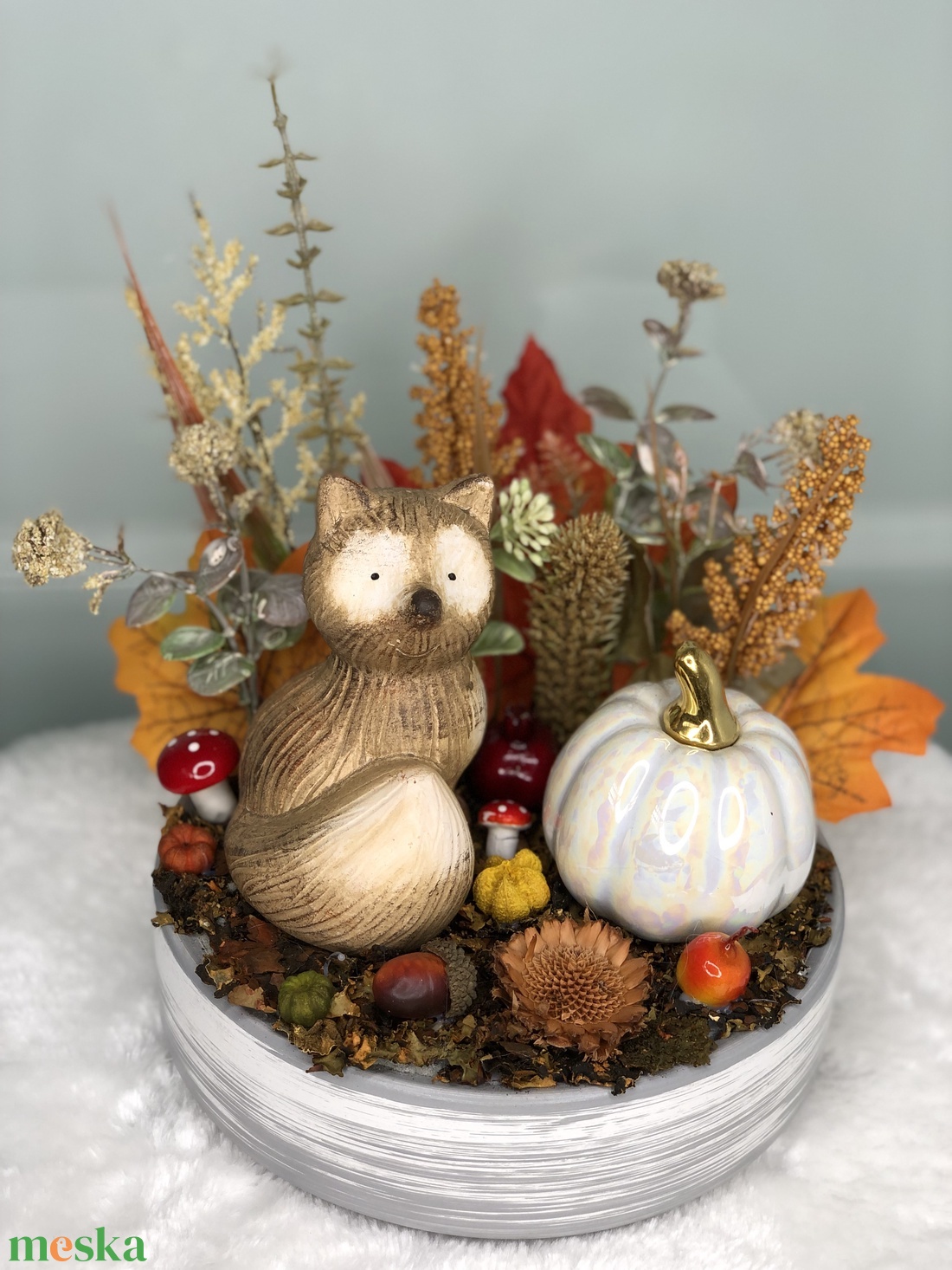 Rókás őszi asztaldísz fehér tálban -  - Meska.hu