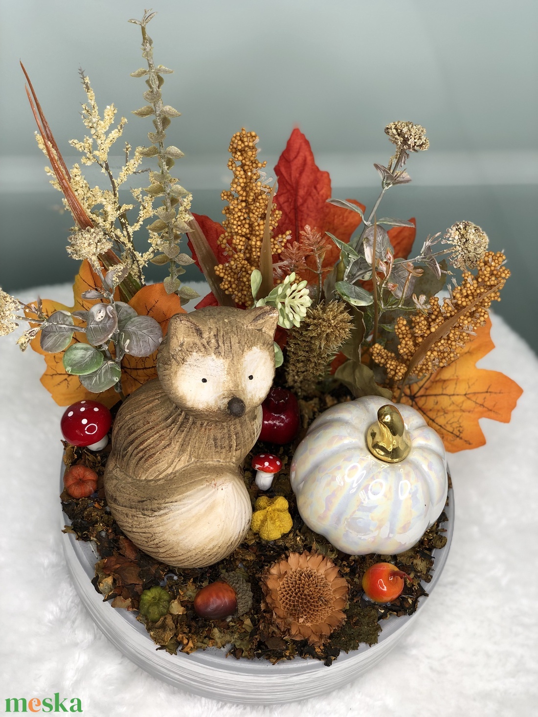 Rókás őszi asztaldísz fehér tálban -  - Meska.hu