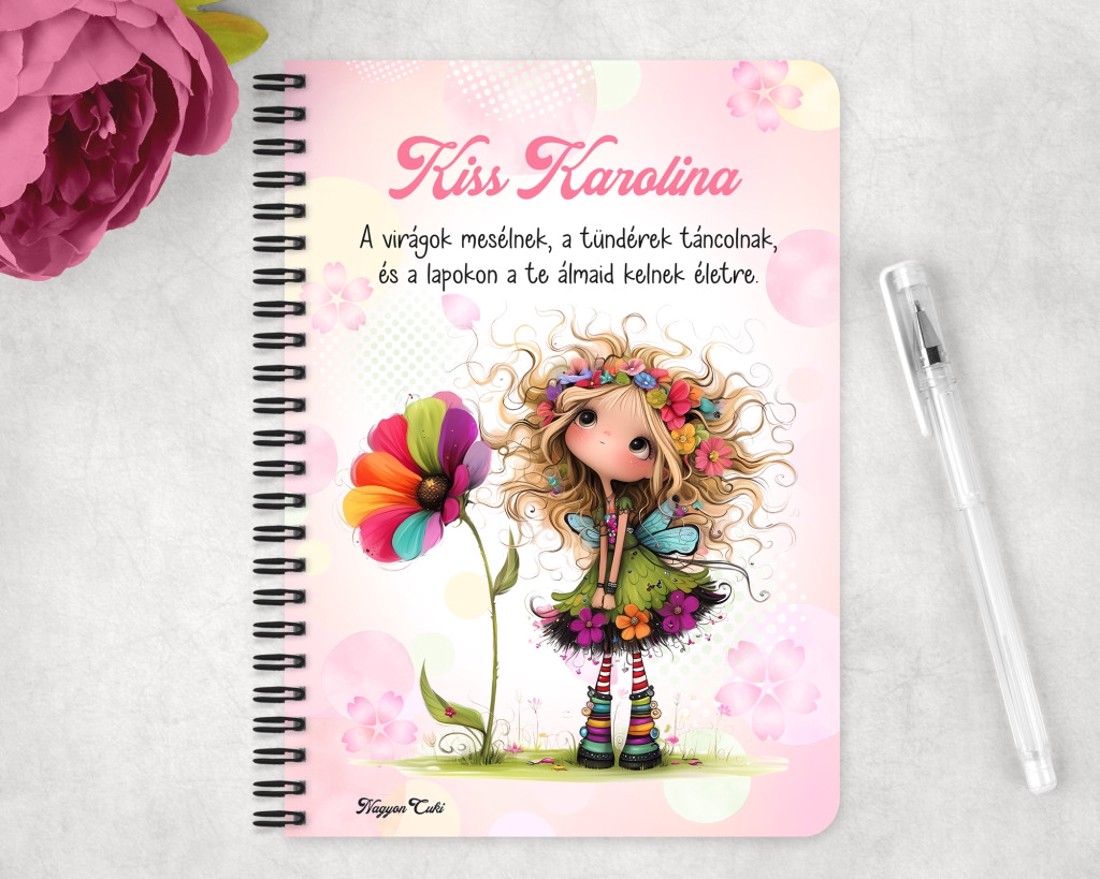 Személyre szabható - Nagyon édes virág tündér mintás A6-os füzet - otthon & életmód - papír, írószer - jegyzetfüzet & napló - Meska.hu