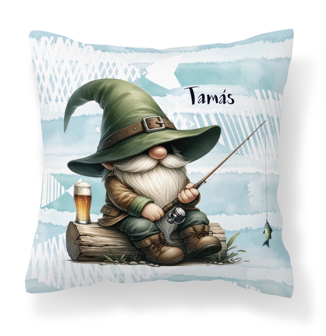 Névvel kérhető - Horgász manó és egy sörös kapás mintás párna - otthon & életmód - lakástextil - párna & párnahuzat - díszpárna (belsővel együtt) - Meska.hu