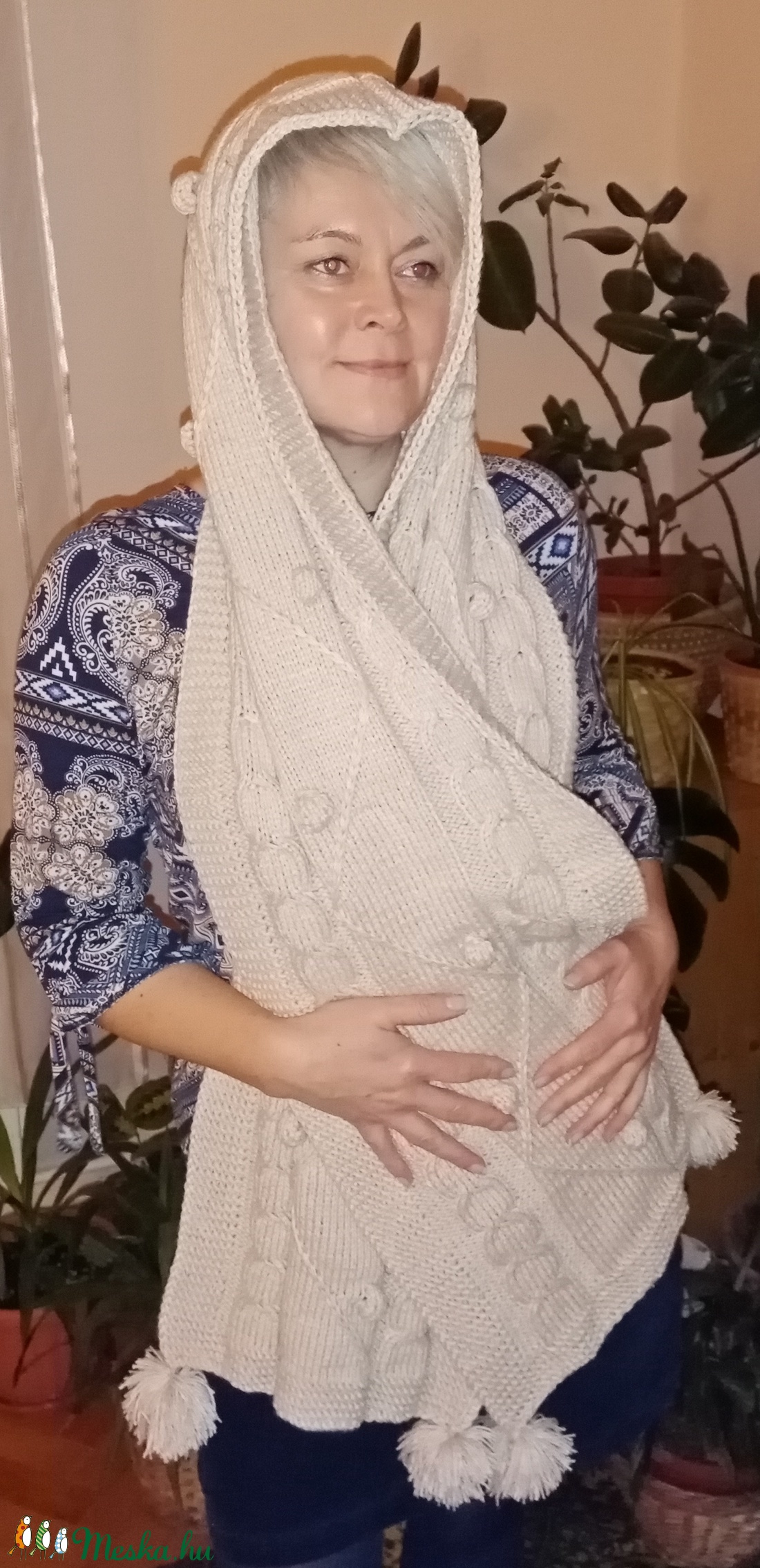 Kapucnis sál, kézzel kötött beige színű  - ruha & divat - sál, sapka, kendő - Meska.hu