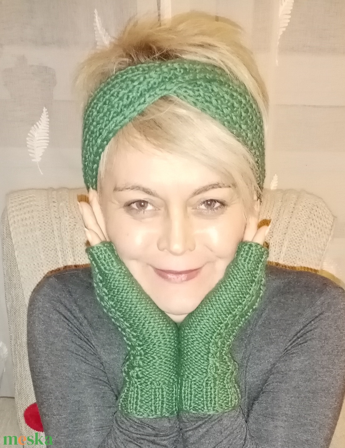 Fejpánt, kézmelegítő kézzel kötött közép zöld  - ruha & divat - sál, sapka, kendő - stóla - Meska.hu