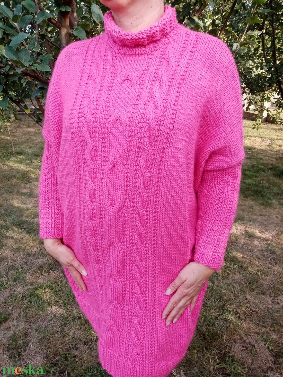 Kézzel kötött tunika, pink  L-XL - ruha & divat - női ruha - tunika - Meska.hu