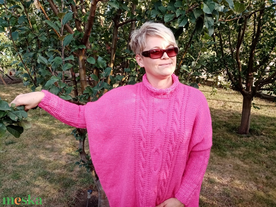 Kézzel kötött tunika, pink  L-XL - ruha & divat - női ruha - tunika - Meska.hu