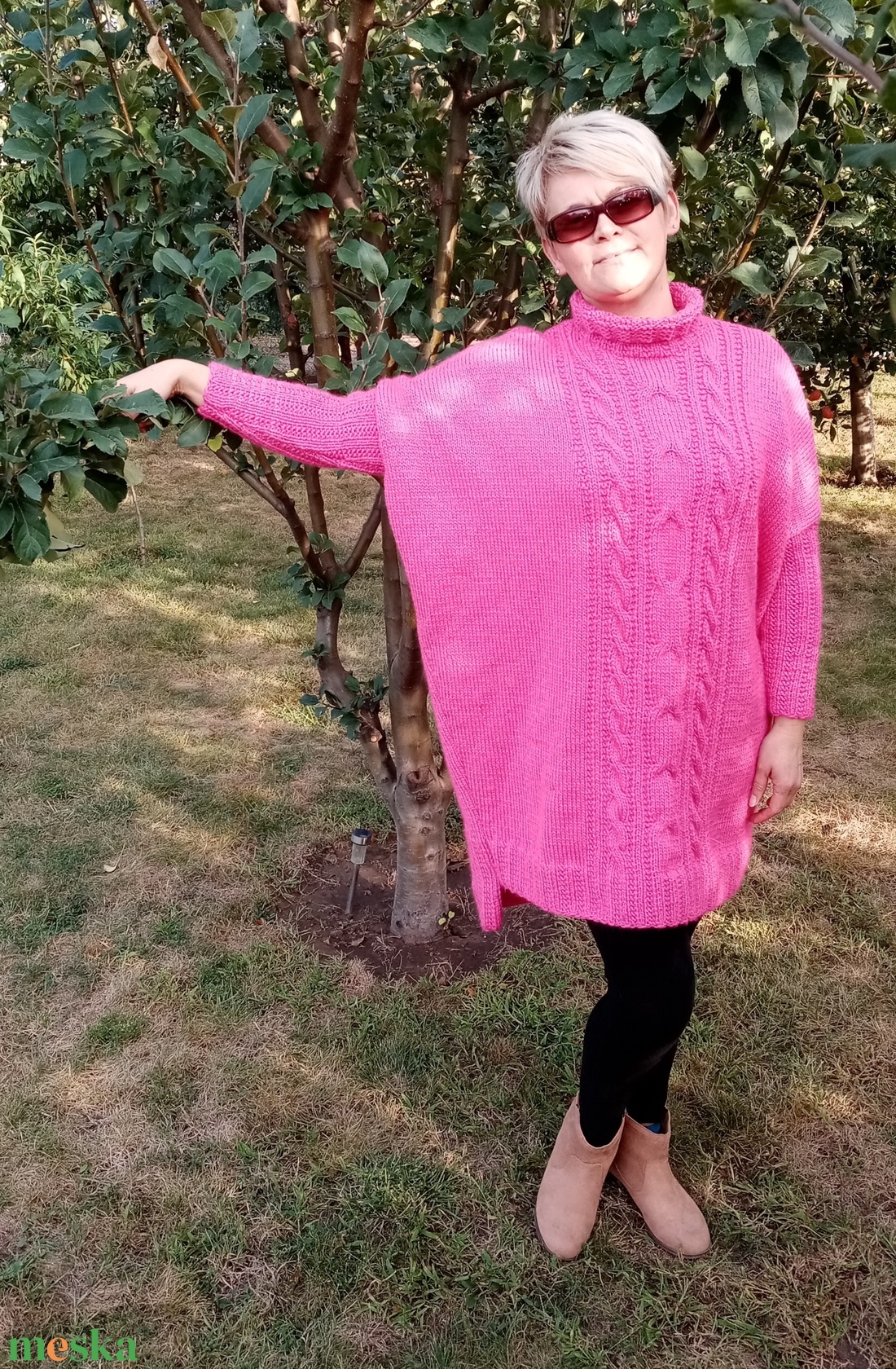 Kézzel kötött tunika, pink  L-XL - ruha & divat - női ruha - tunika - Meska.hu
