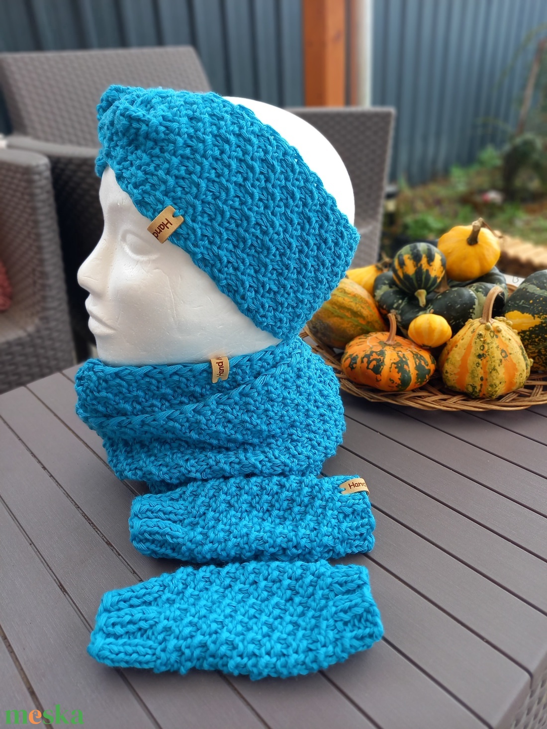 Turkiz kék női szett fülmelegítő, körsál, kézmelegítő  - ruha & divat - sál, sapka, kendő - vállkendő - Meska.hu