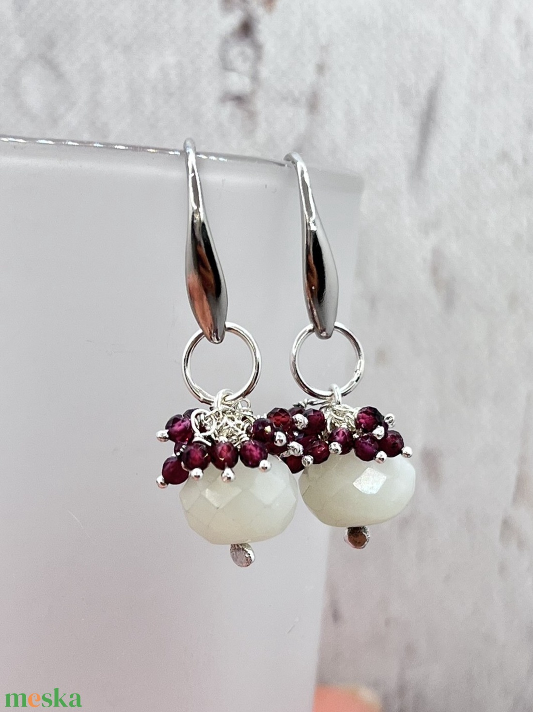 Jáde-gránát ezüst fülbevaló - ékszer - fülbevaló - lógó fülbevaló - Meska.hu