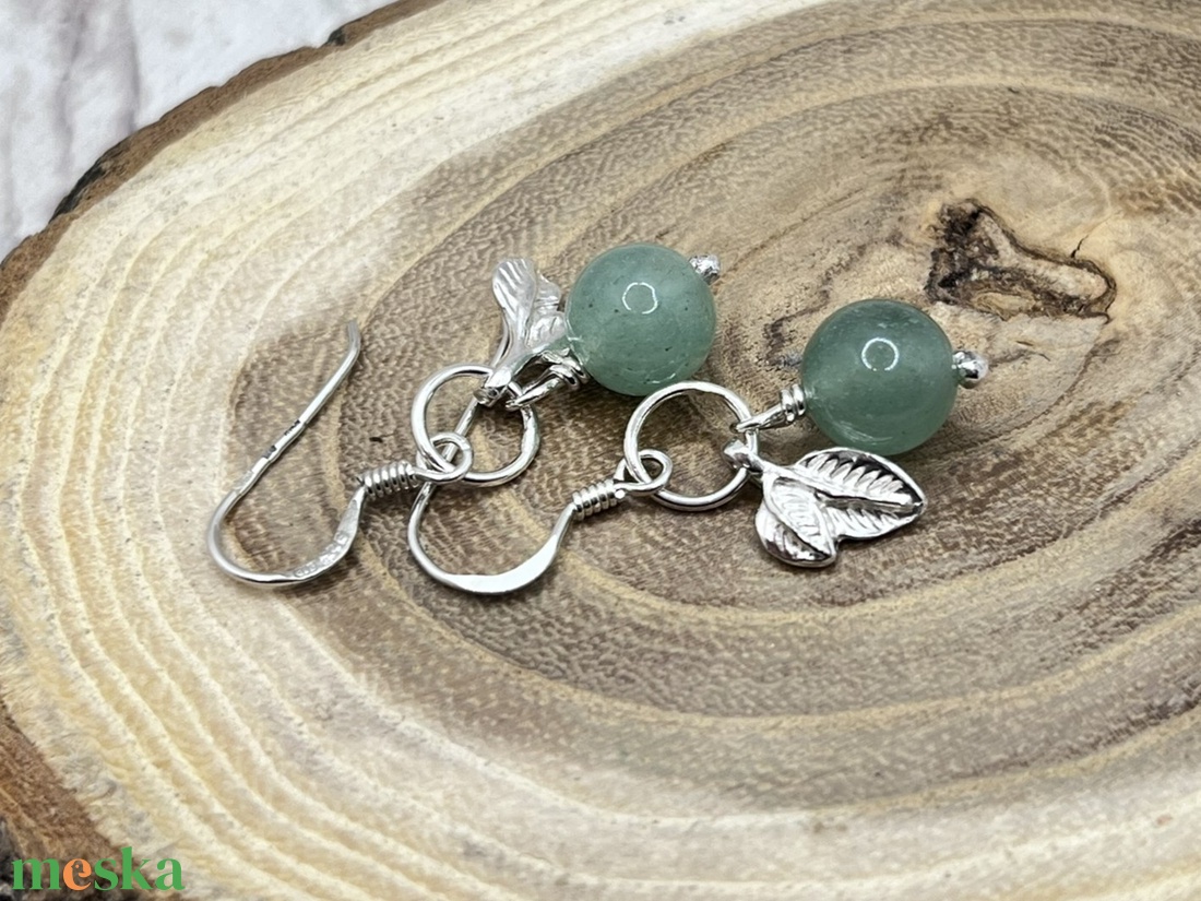 Aventurin ezüst fülbevaló levélkével - ékszer - fülbevaló - lógó fülbevaló - Meska.hu