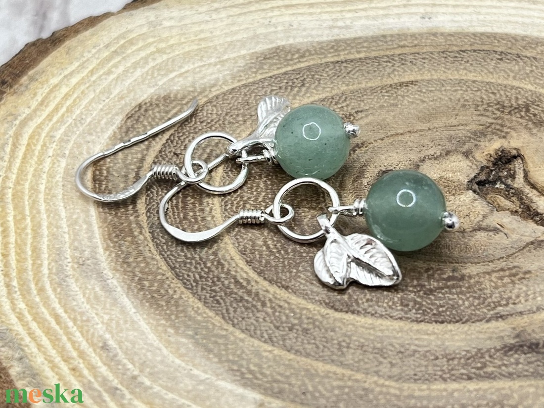 Aventurin ezüst fülbevaló levélkével - ékszer - fülbevaló - lógó fülbevaló - Meska.hu