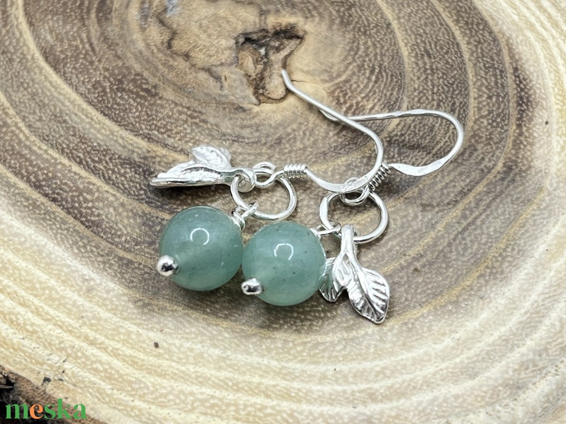 Aventurin ezüst fülbevaló levélkével - ékszer - fülbevaló - lógó fülbevaló - Meska.hu