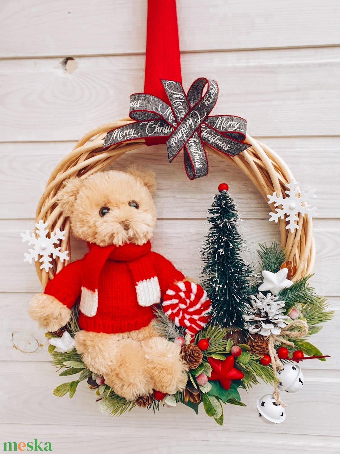 Téli kopogtató plüssmacival - karácsony - karácsonyi lakásdekoráció - karácsonyi ajtódíszek - Meska.hu