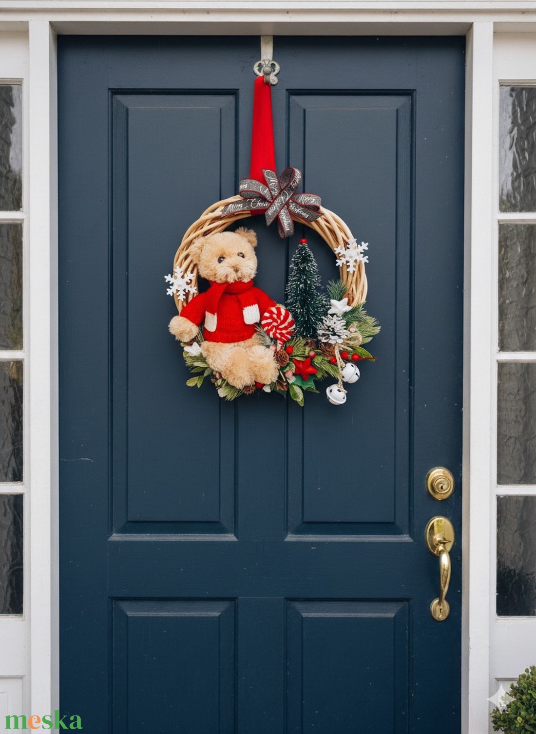 Téli kopogtató plüssmacival - karácsony - karácsonyi lakásdekoráció - karácsonyi ajtódíszek - Meska.hu