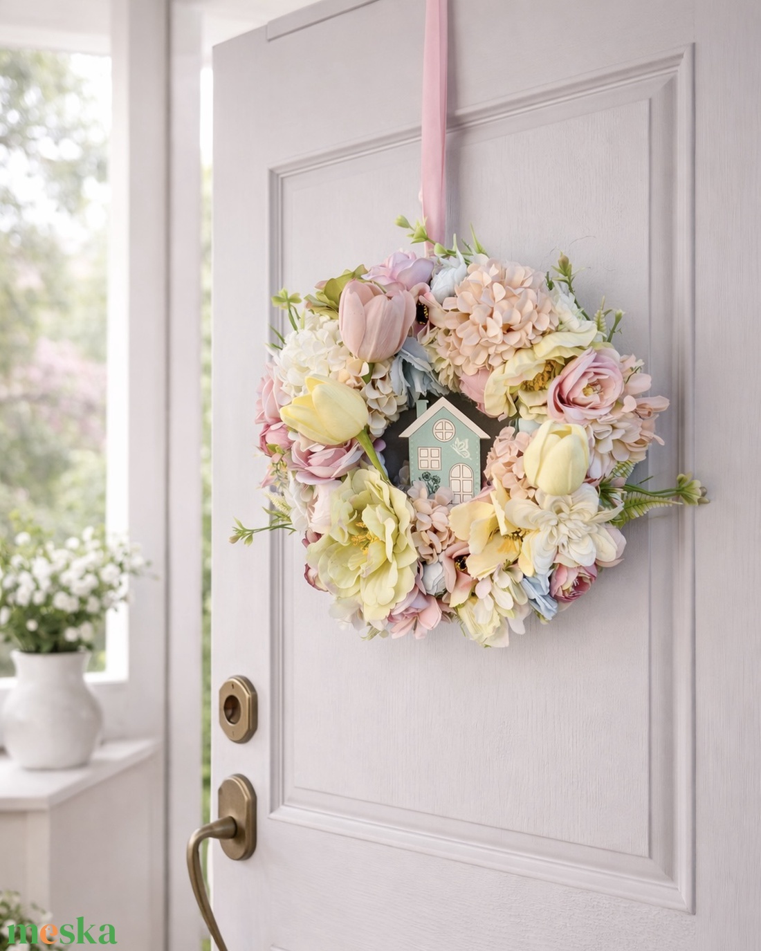 Tavaszi virágos ajtó kopogtató - otthon & életmód - dekoráció - ajtó- és ablak dekoráció - ajtódísz & kopogtató - Meska.hu