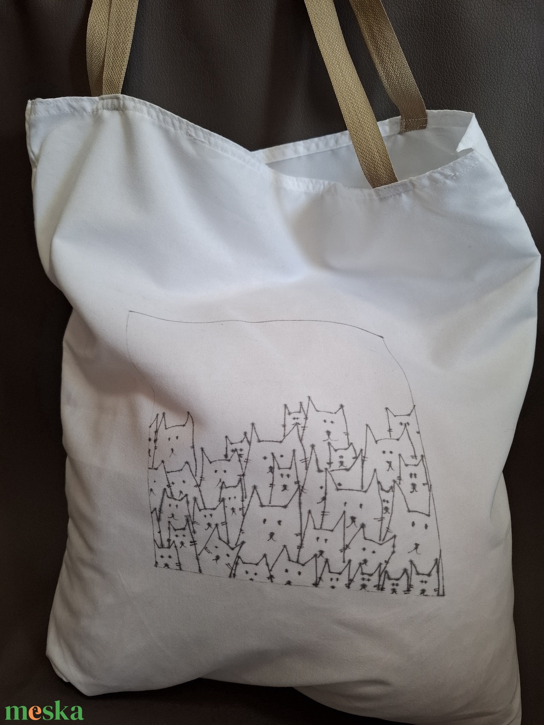 Kézzel rajzolt Fehér Cicás Szatyor - táska & tok - bevásárlás & shopper táska - shopper, textiltáska, szatyor - Meska.hu
