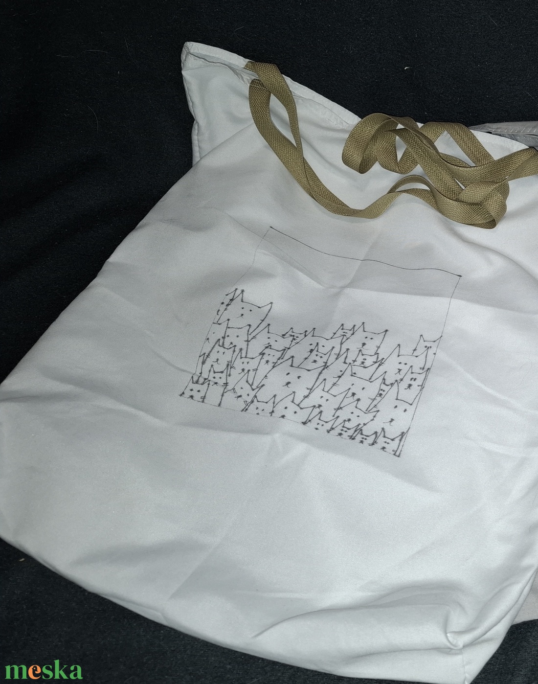 Kézzel rajzolt Fehér Cicás Szatyor - táska & tok - bevásárlás & shopper táska - shopper, textiltáska, szatyor - Meska.hu