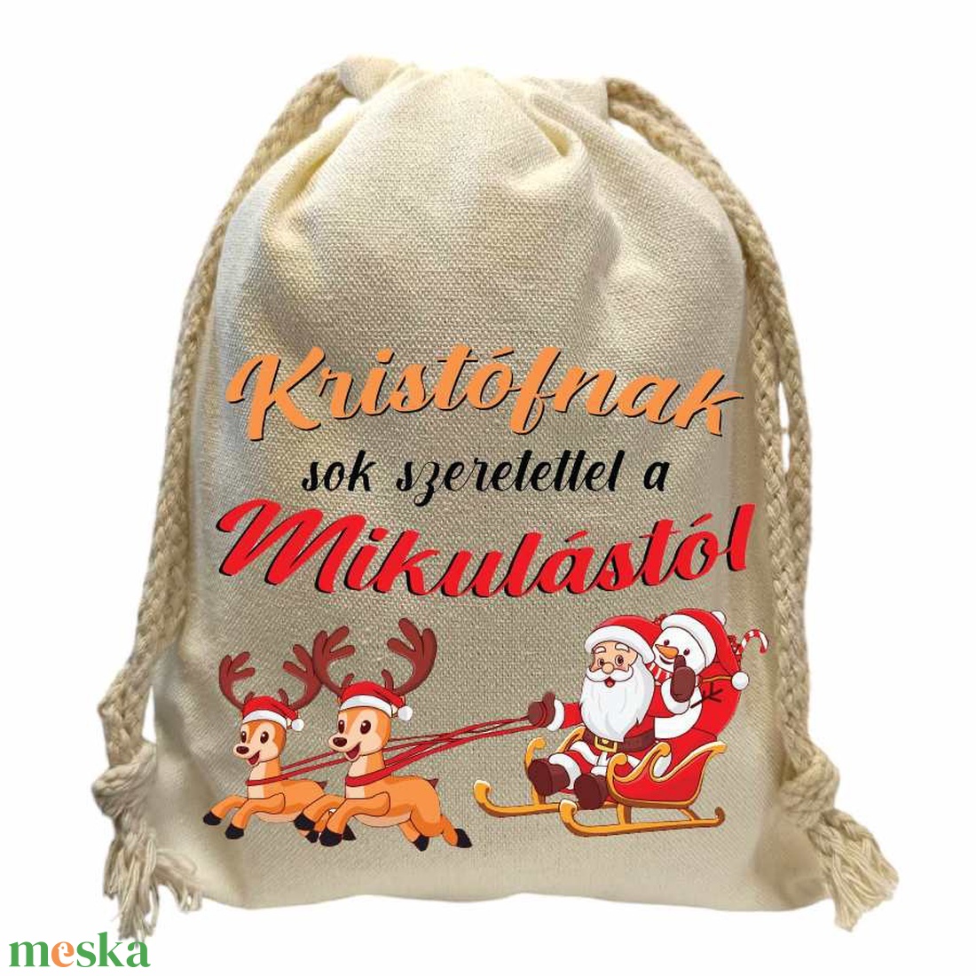 Neves mikulás zsák - télapó és szarvas mintával - karácsony - mikulás - mikulás zsák - Meska.hu