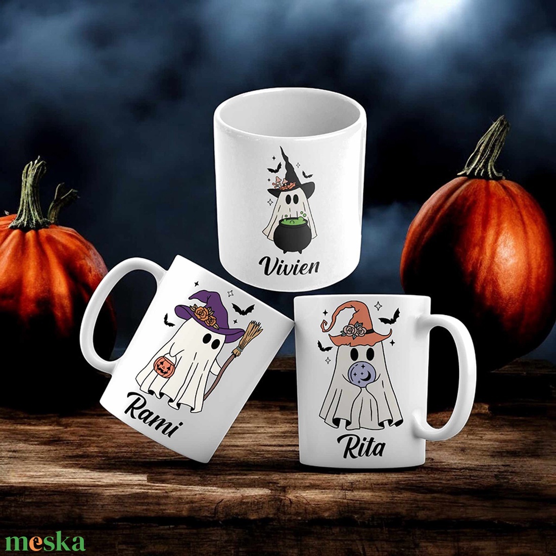 Halloween bögre - 3 szellem mintával - egyedi nevekkel - otthon & életmód - konyhafelszerelés, tálalás - tálalás - bögre & csésze - Meska.hu