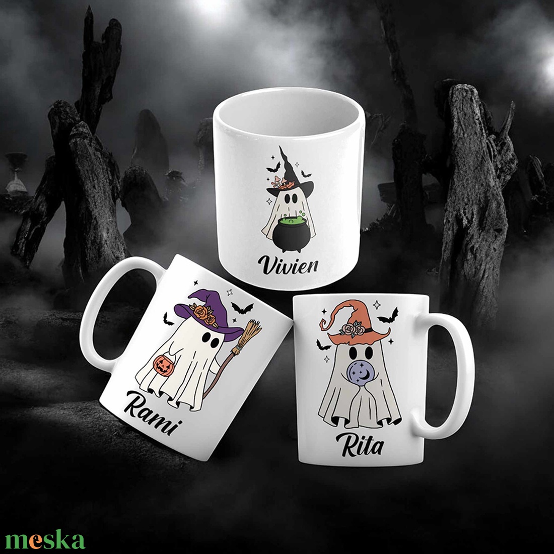 Halloween bögre - 3 szellem mintával - egyedi nevekkel - otthon & életmód - konyhafelszerelés, tálalás - tálalás - bögre & csésze - Meska.hu
