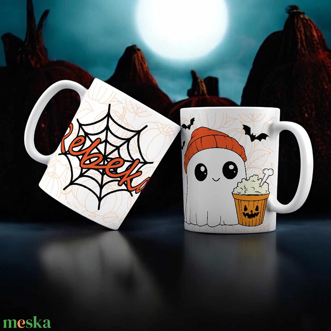 Halloween bögre - szellem és pókháló mintával - egyedi névvel - otthon & életmód - konyhafelszerelés, tálalás - tálalás - bögre & csésze - Meska.hu