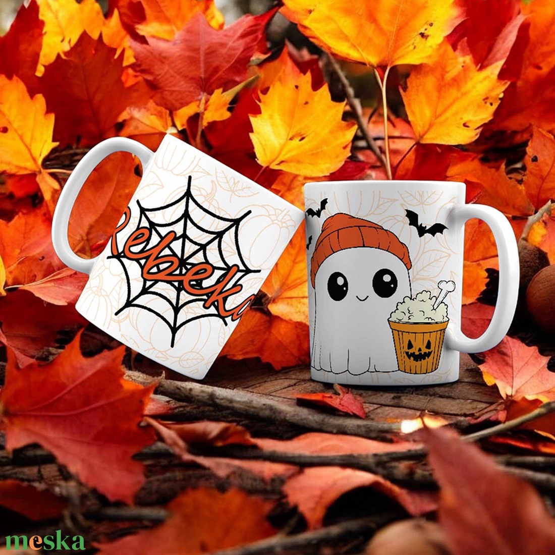 Halloween bögre - szellem és pókháló mintával - egyedi névvel - otthon & életmód - konyhafelszerelés, tálalás - tálalás - bögre & csésze - Meska.hu