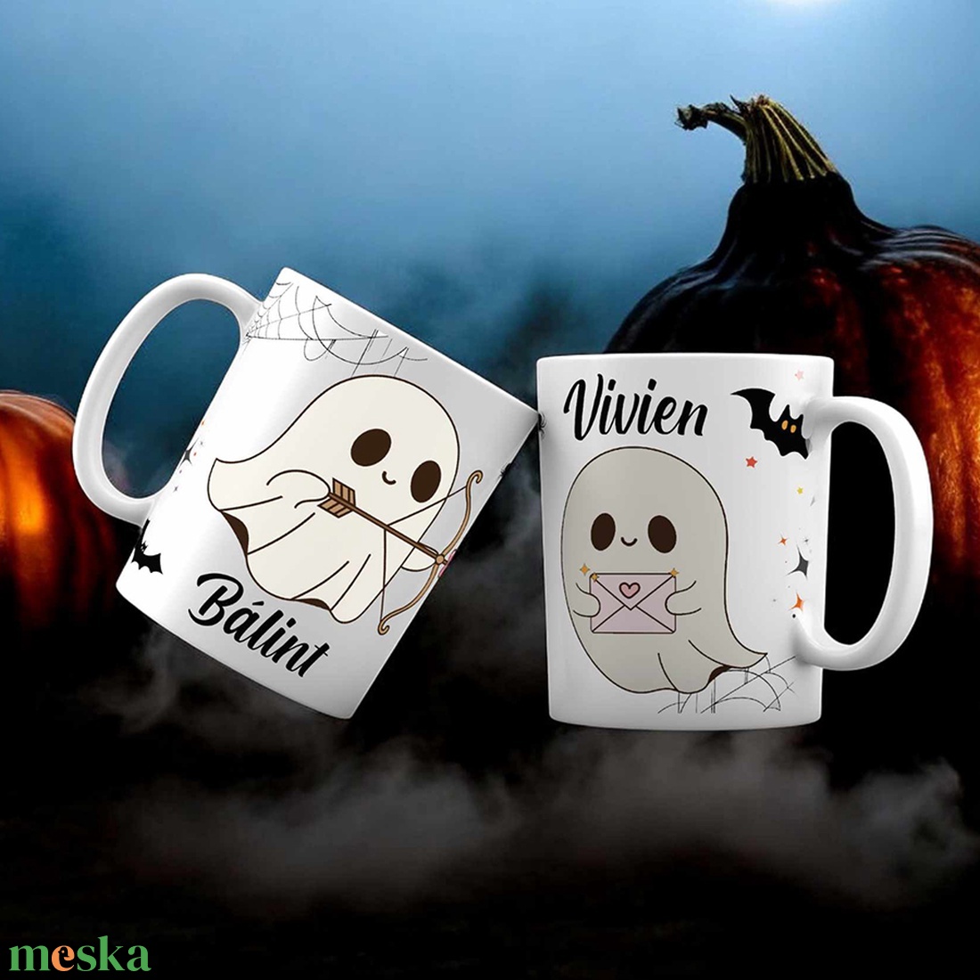 Halloween bögre - szerelmes szellemek mintával - egyedi nevekkel - otthon & életmód - konyhafelszerelés, tálalás - tálalás - bögre & csésze - Meska.hu